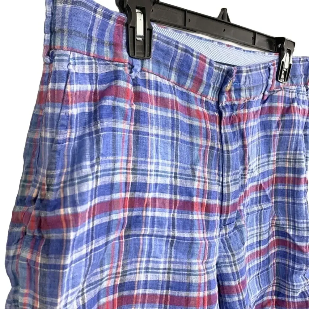 PETER MILLAR Blue Pink Linen Men's Flat Front Shorts Golf Casual Plaid sz 34